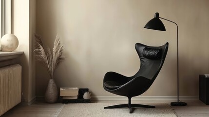 Nordic design modern room with a cream wall, black chair, and minimalist decorations.