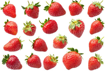 Ripe strawberries with vibrant red skin and green leaves, isolated on a white background, showcasing freshness.

