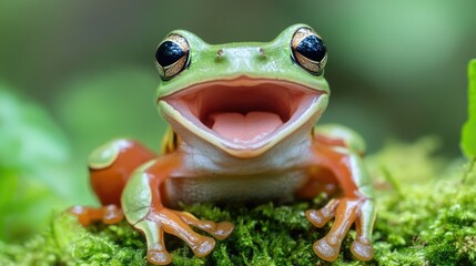 A Green Tree Frog With Its Mouth Open Wide