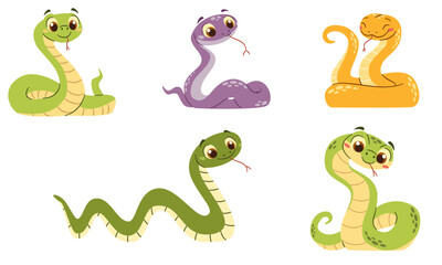 Set of flat vector illustrations in a simple children's style. Cute snakes in different colors and in different poses on a white background . Vector illustration
