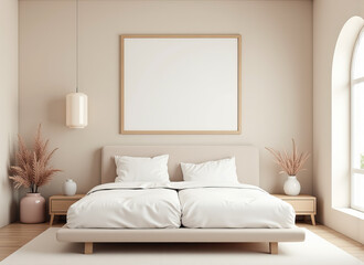 Comfortable bedroom interior with a soft bed, soft pillows, and elegant decor, mockup frame on wall