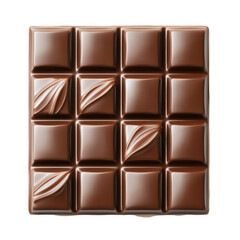 A smooth dark chocolate bar with glossy squares and curved patterns, isolated on a white background, showcasing richness.

