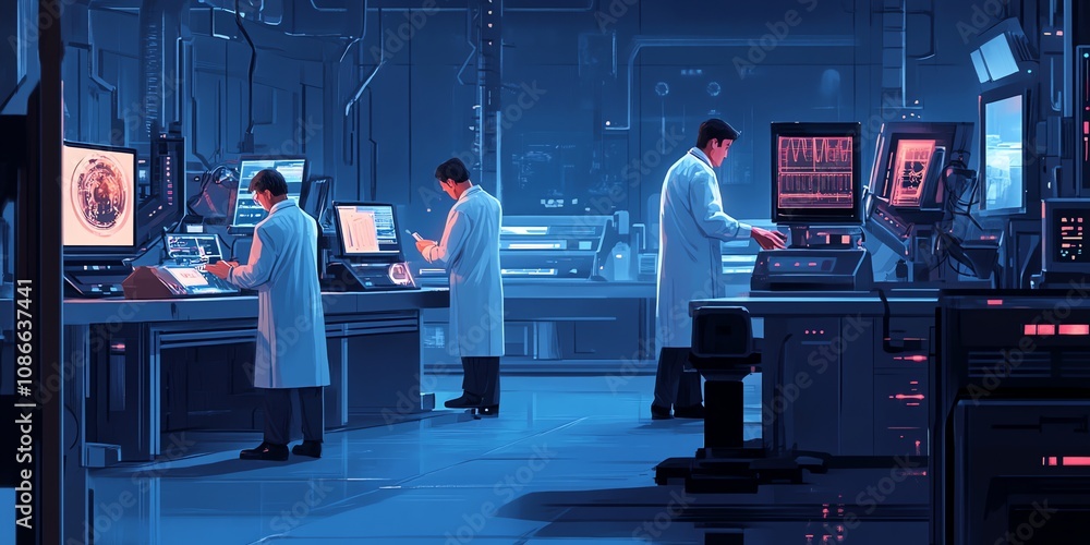 Poster Three scientists work in a futuristic laboratory setting, analyzing data on computer screens.