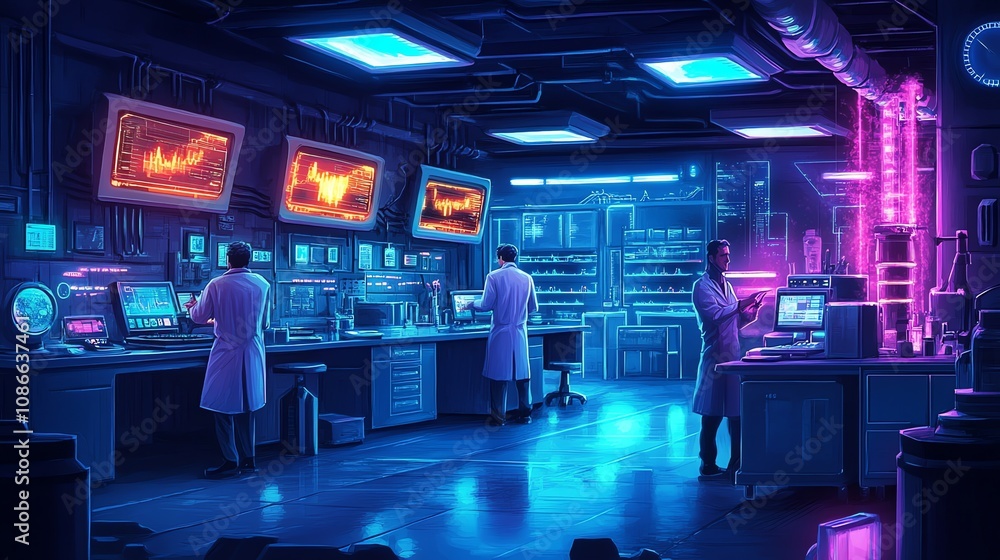 Poster Three scientists working in a futuristic laboratory with glowing screens and advanced technology.