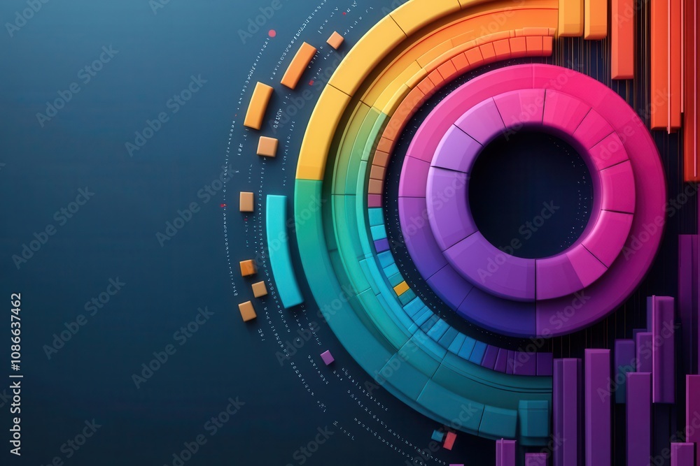 Poster a vibrant, abstract design featuring colorful circular and rectangular shapes on a dark background, 