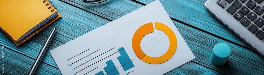 Poster a colorful report featuring a pie chart and bar graphs on a wooden desk, alongside a pen and noteboo
