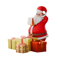 3D Festive Santa Claus Model. A Santa Claus man standing behind a gift while his right hand is holding a clipboard with a serious expression. Holiday Cartoon Design