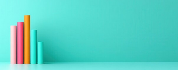 A colorful arrangement of books on a turquoise background, creating a vibrant and modern aesthetic.