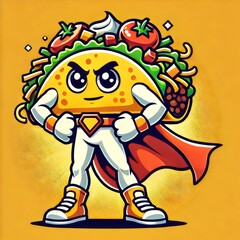 Cartoon taco superhero character with a cape and determined expression, loaded with toppings, standing confidently against a yellow background.