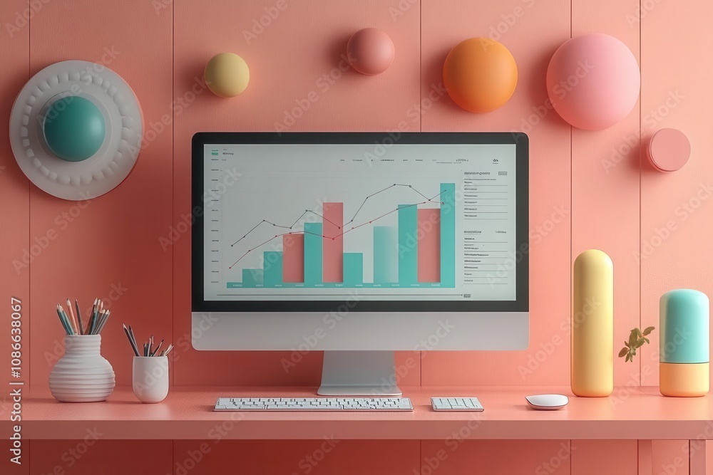 Poster a modern workspace featuring a computer with colorful graphs, complemented by pastel decor on a cora
