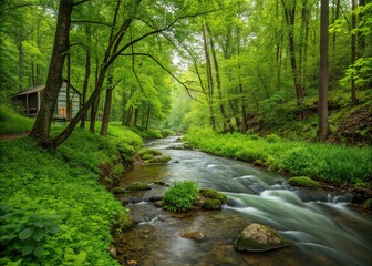 Obraz premium Sublime forest scene. Modern structure, flowing creek.