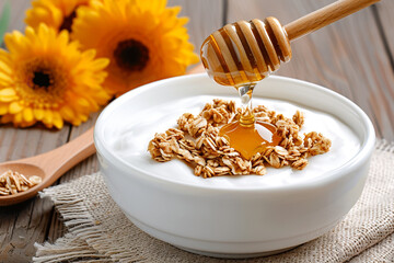 Fototapeta premium Delicious bowl of honey drizzled over fresh yogurt and grano