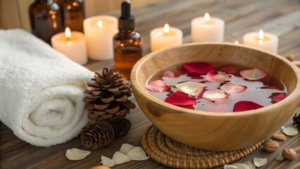 A cozy spa setup for a winter pedicure, with a wooden bowl filled with warm water, rose petals, and drops of essential oils, surrounded by candles, pinecones, and a fluffy white towel