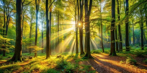 Obraz premium Sunbeams dance on a verdant forest floor, creating a breathtaking spectacle.