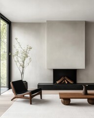 A minimalist living room featuring a sleek chair, wooden coffee table, and a fireplace, highlighted by natural light and a potted plant.