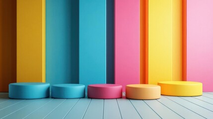 A vibrant interior scene featuring colorful walls and circular seating in shades of blue, pink, and yellow, creating a cheerful atmosphere.