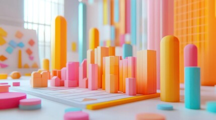 Obraz premium A vibrant, abstract cityscape made of colorful geometric shapes, showcasing a playful design with pastel tones and dynamic forms.