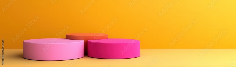Poster three colorful circular objects on a vibrant yellow background, creating a playful and minimalistic 