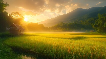 Naklejka premium The photo showcases a rice field at sunset in northern Thailand, with golden light illuminating terraced paddies, distant misty mountains, and a small traditional wooden hut nestled among the vibrant