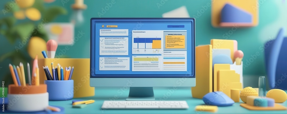 Poster a colorful workspace featuring a computer displaying a digital dashboard, surrounded by stationery a