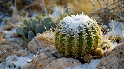 Frost covered cactus in a desert winter scene rare sight of snow in the desert unique natural contrast copy space