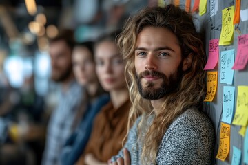 Obraz premium Confident and Creative: A young man with long hair and a beard leans against a wall covered in colorful sticky notes, his eyes focused on the camera. The image captures the raw.
