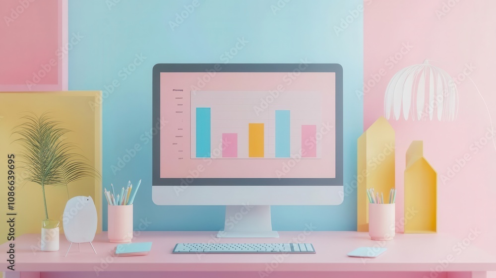 Aufkleber a modern workspace featuring a computer displaying colorful bar graphs, surrounded by pastel decor a