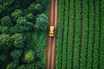 Aerial view of vibrant green beet farm and tractor on dirt path