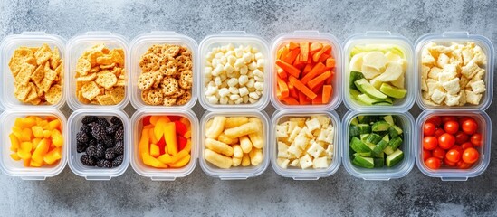 Set of lunch containers with various snacks packed neatly,