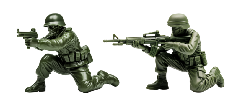 Two classic green toy soldier figures kneeling with rifles in combat