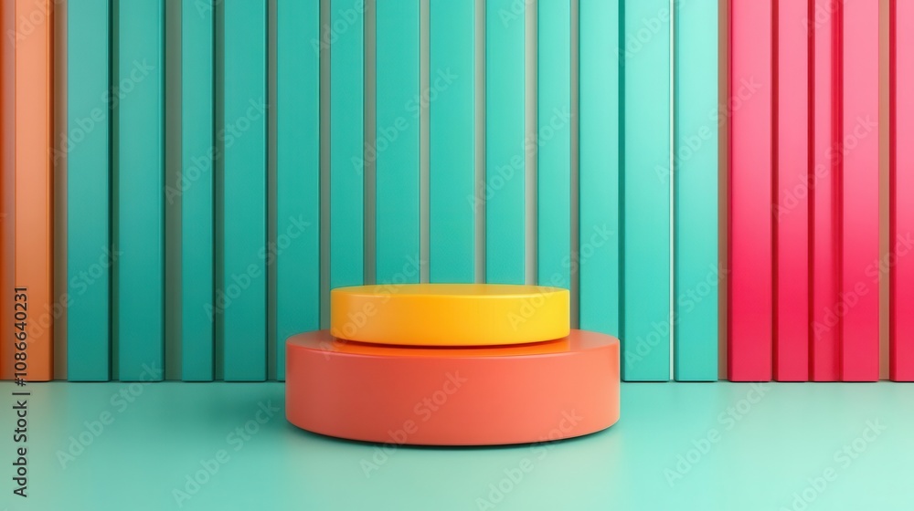 Poster a colorful abstract scene featuring stacked circular shapes against a vibrant striped background, cr