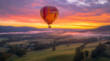 Obraz premium A hot air balloon above a picturesque valley illuminated by soft dawn light