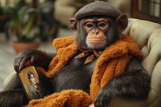 Chic monkey in a boater hat and ascot painting a portrait on a chic chaise lounge