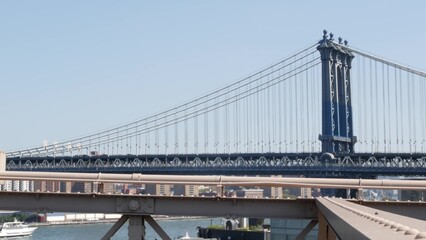 New York City Manhattan Bridge from Brooklyn Bridge view. USA travel landmark, NYC skyline cityscape. Iconic architecture over East River water. Visit United States of America.