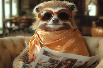 Summer Coffee Reading. Sloth wearing sunglasses reading newspaper in cozy cafe setting perfect for lifestyle, relaxation, humor, leisure, animal themes, summer vibes, casual fashion, weekend mood, in