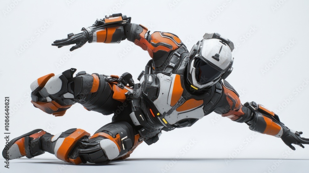 Aufkleber a futuristic armored figure in an action pose, showcasing advanced technology and design.