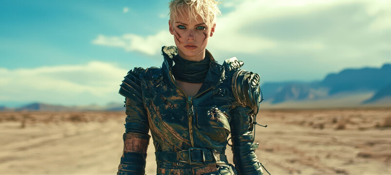 A woman in a costume stands in a desert