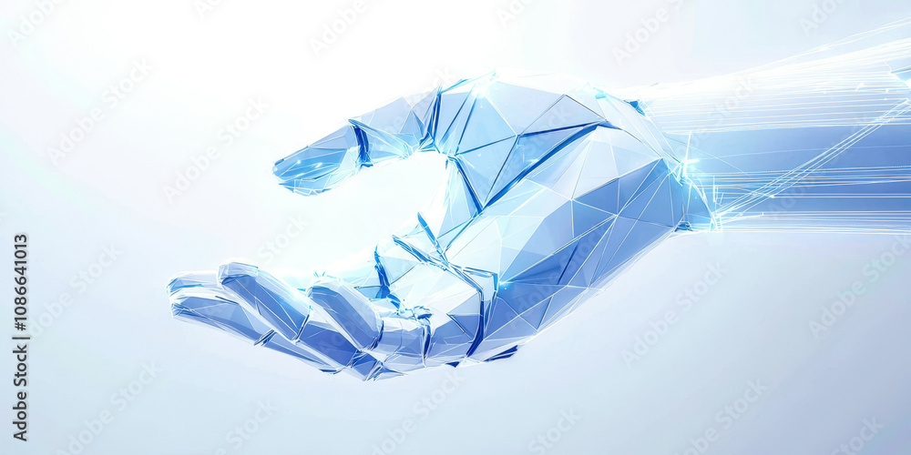 Poster a hand made of triangles is holding a blue object
