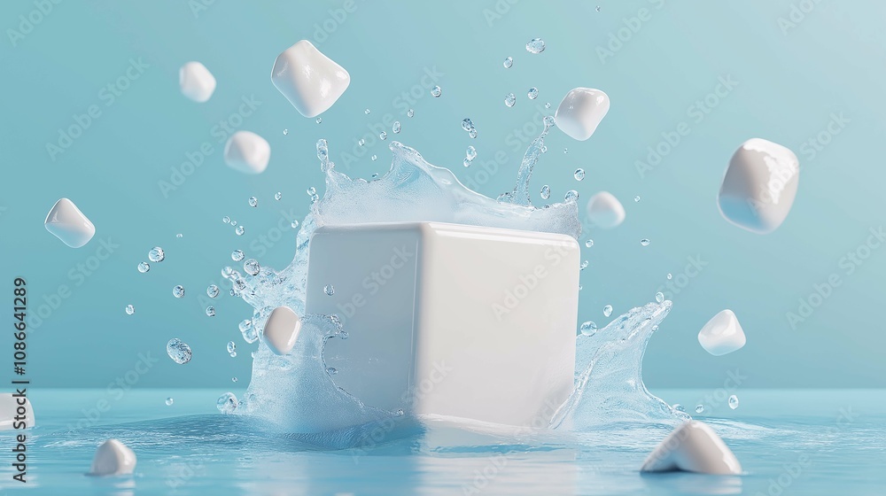 Poster splashing ice cube in clear water against light blue background with falling ice pieces creating a r