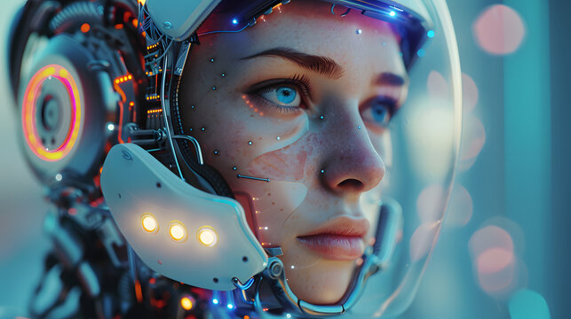 Robot woman, female cyborg portrait, humanoid cyber machine controlled by artificial intelligence, tech of the future, futuristic fantasy