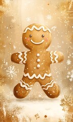 Gingerbread man with icing on a holiday background with snowflakes