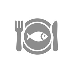 Fish meal with fork and knife vector. Seafood or sea food icon.
