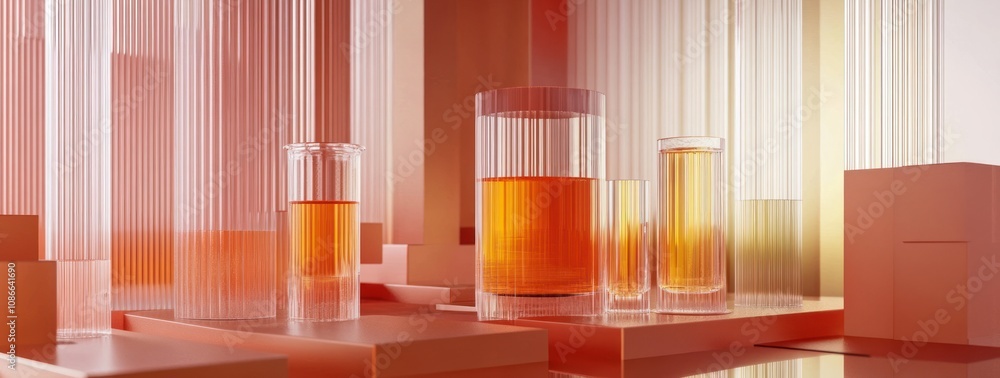 Aufkleber a modern display of transparent glass containers filled with amber liquid, set against a gradient ba