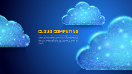 Cloud computing in low poly wireframe style, futuristic cloud storage is suitable for illustrations about servers, holograms, networks, data transmission, digital services, and databases.