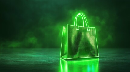 Futuristic Neon Green Shopping Bag Against a Dark Background with Glowing Smoke Effect, Ideal for E-commerce and Retail Themes