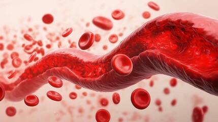 Close-up Visualization of Flowing Blood Cells in a Vein with Depth and Rich Coloration Over a Soft Background, Ideal for Medical and Biological Illustrations