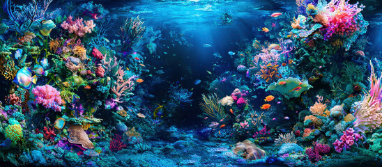 A colorful underwater scene with a variety of fish and coral