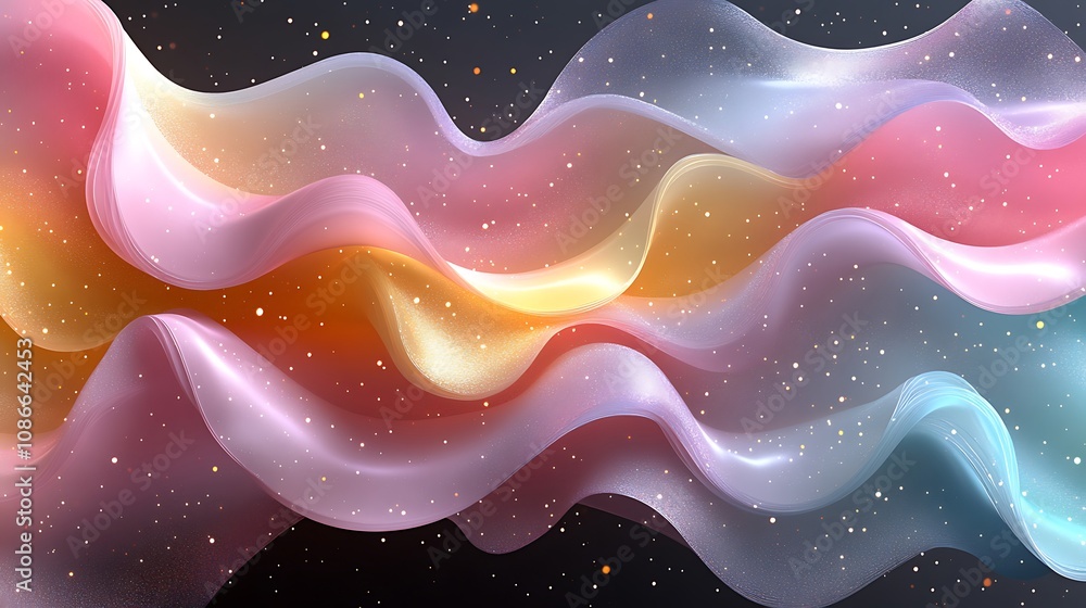 Wall mural abstract colorful wavy background with glowing particles.