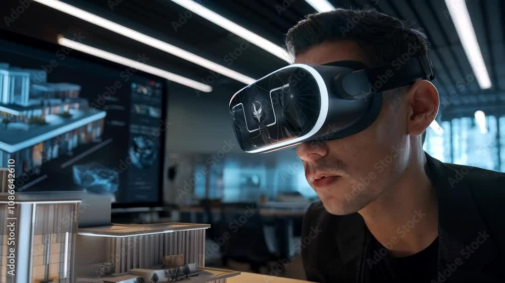 Aufkleber a person using virtual reality to interact with a space station model and data displays.