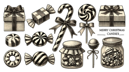 Christmas candies and gifts PNG set with festive elements vintage illustration isolated on transparent background, featuring candy canes, lollipops, gift boxes, and jars of sweets, cutout